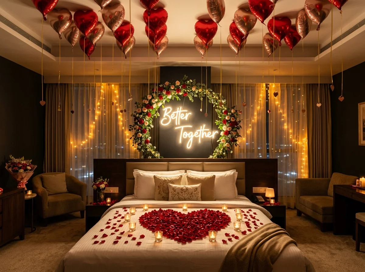 First Night Romantic Decor in Gurgaon — Modern Better Together Floral Neon Suite
