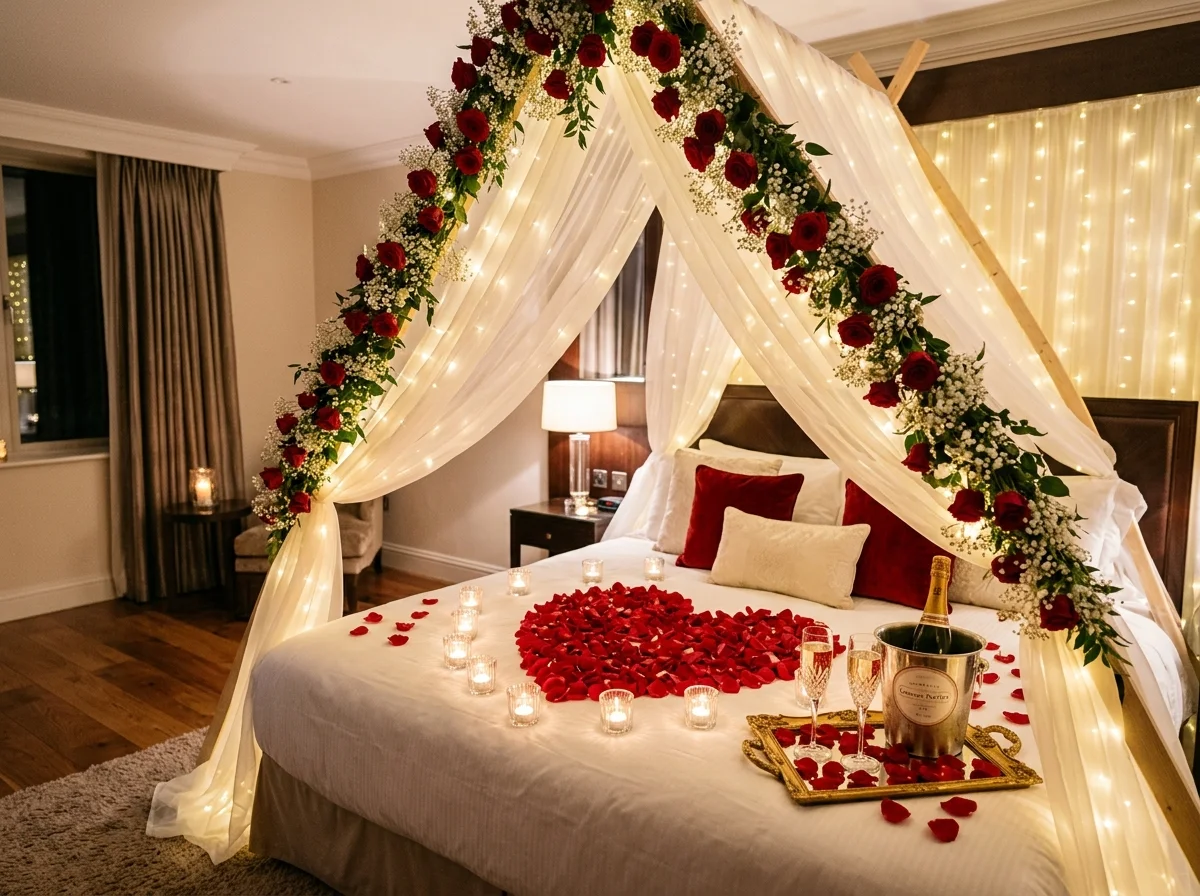 First Night Romantic Decor in Gurgaon — Romantic Sheer Fairy Light Cabana Tent