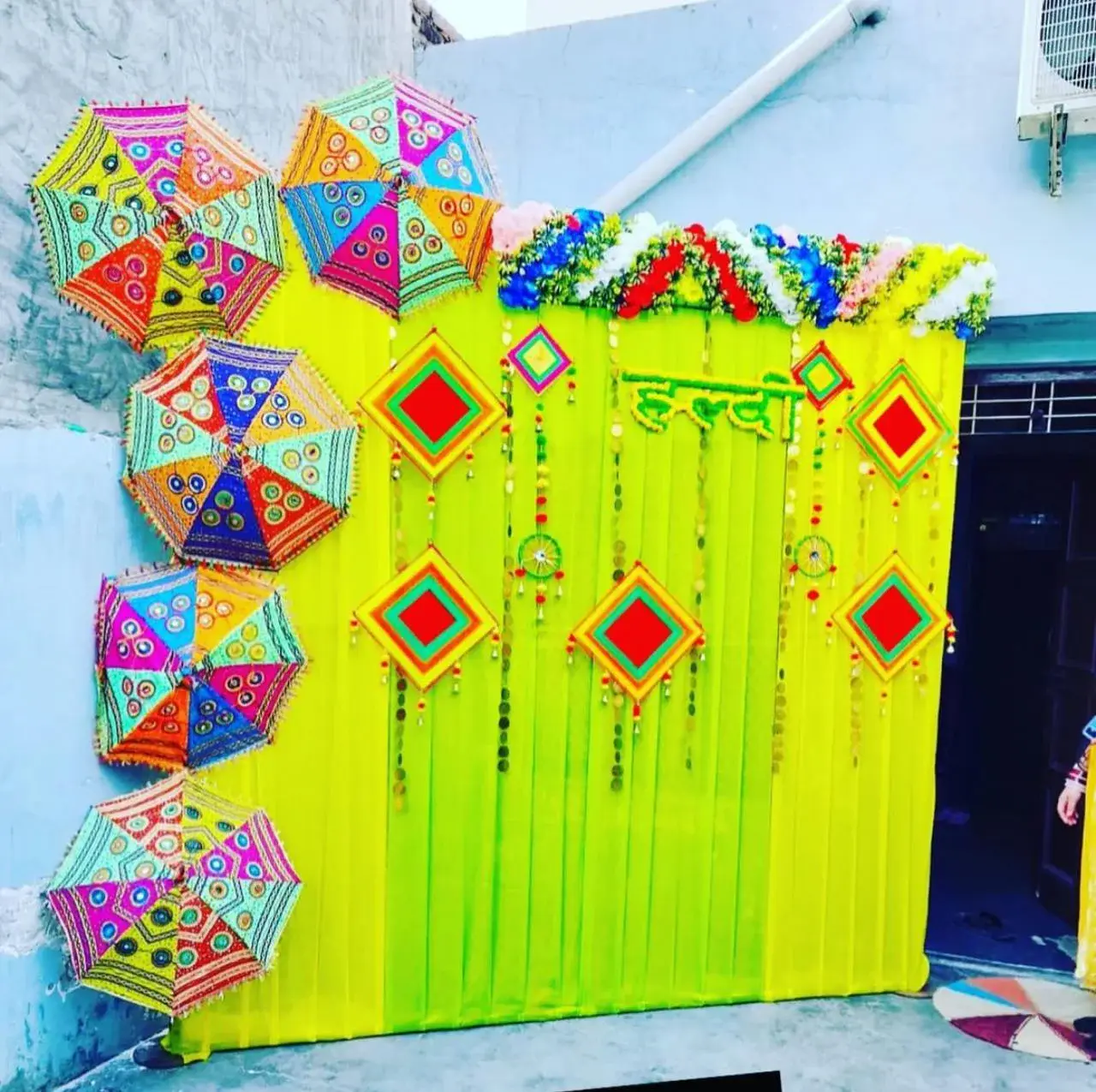 Festive Floral Photo Backdrop — Haldi & Mehndi Ceremony Decor in Gurgaon
